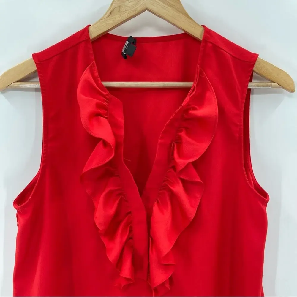 J. Crew Ruffle Front V-Neck Sleeveless Blouse Layering Top Satin Red Size Small